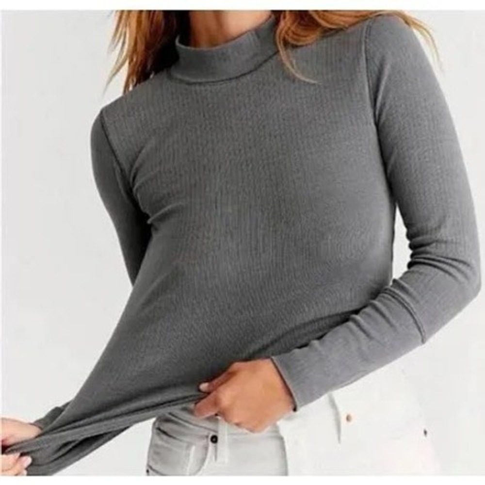 Free People Intimately Ribbed Mock Neck Long Sleeve Top Charcoal Gray Large